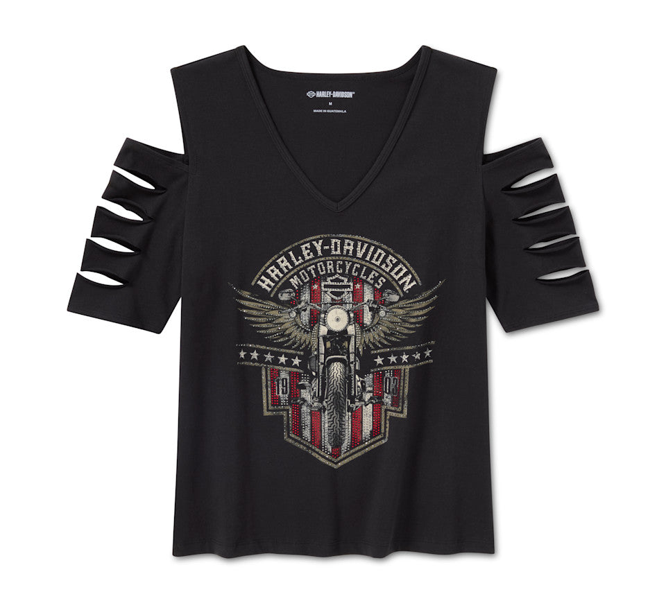 Harley-Davidson Ladies Bling Rip & Repair Cold Shoulder Tee