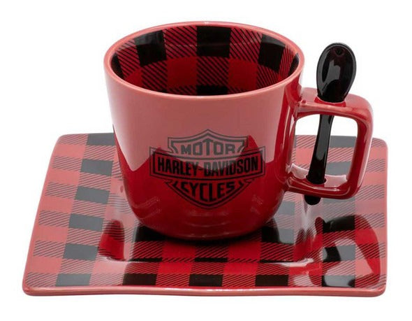 Harley-Davidson Bar & Shield Red & Black Plaid Ceramic Mug & Plate Set