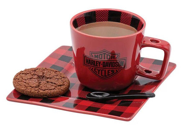 Harley-Davidson Bar & Shield Red & Black Plaid Ceramic Mug & Plate Set